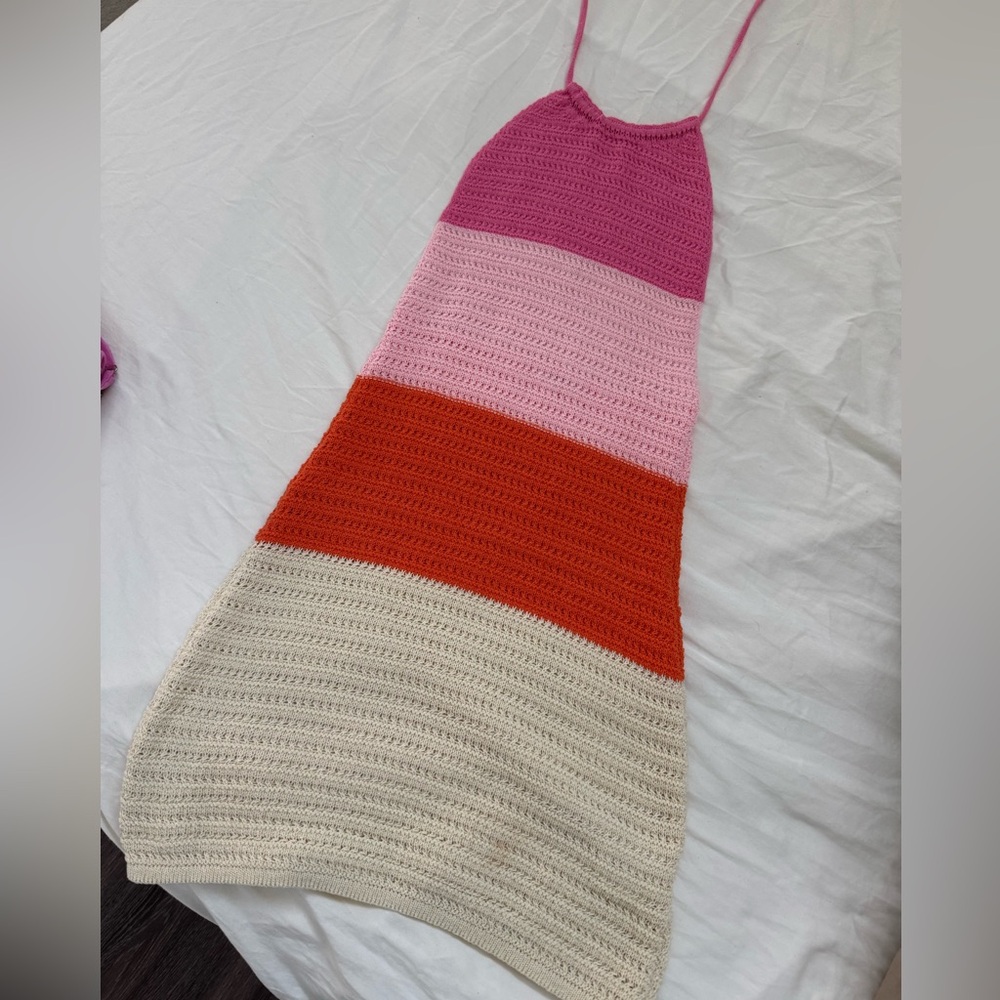 Peppermayo Pink, Light Pink, Red & Cream Crochet Halter Dress